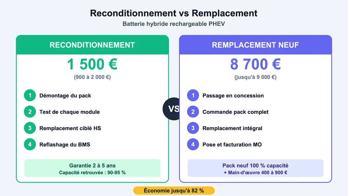 Schéma comparatif des coûts entre reconditionnement et remplacement de batteries hybrides