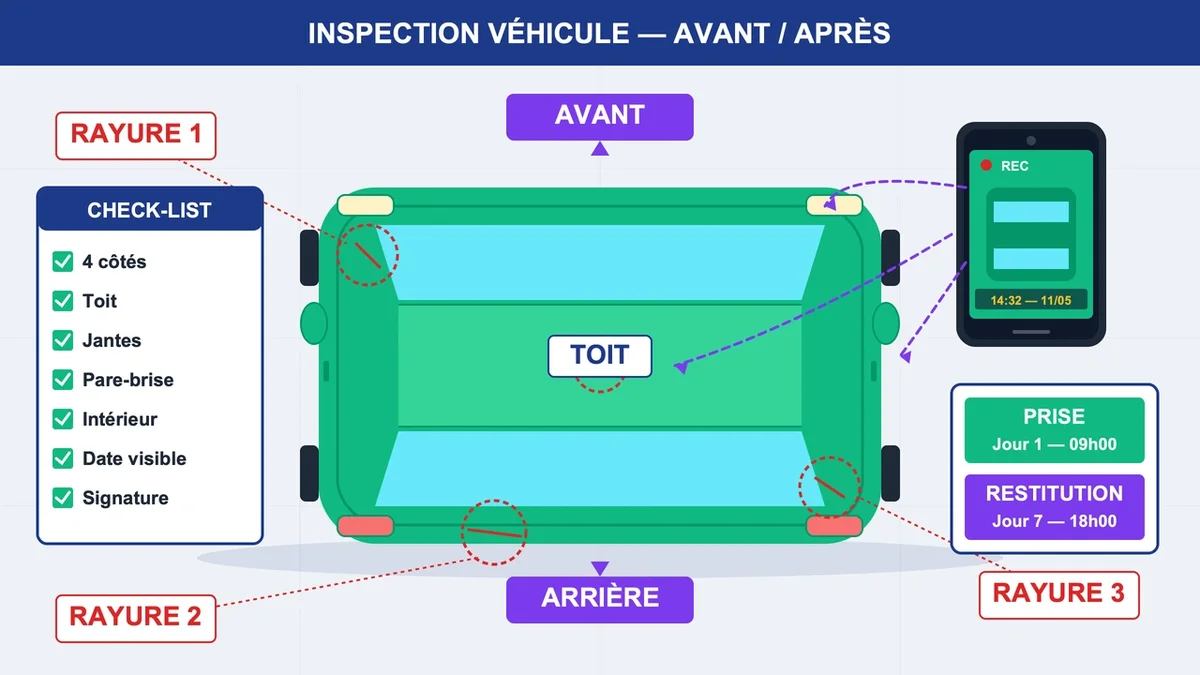 Véhicule de location avec micro-rayures inspecté à l'aide d'un smartphone autour de ses quatre côtés et intérieur
