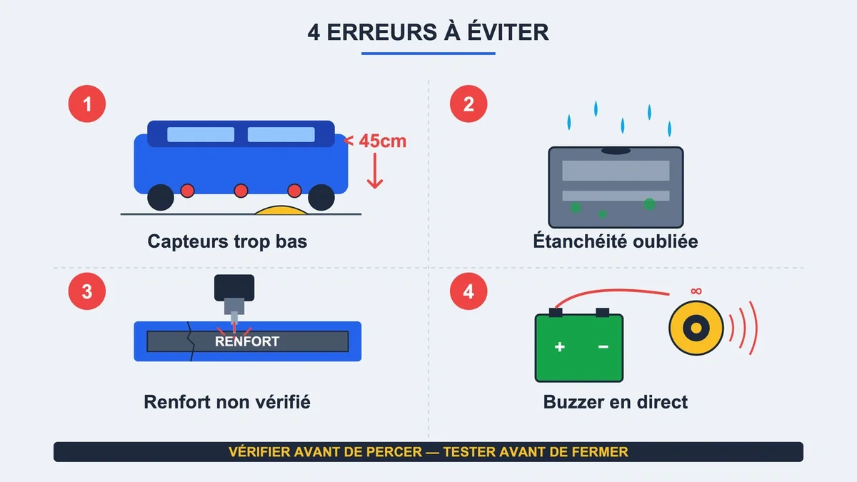 Schéma montrant les quatre erreurs courantes lors de l'installation d'un radar de recul avec des symboles explicites