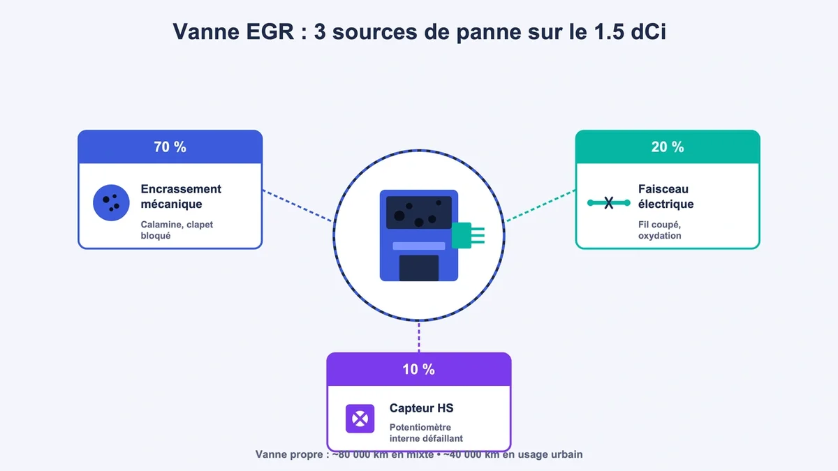 Diagramme illustrant le mécanisme d'encrassement de l'EGR du K9K et ses trois sources de panne