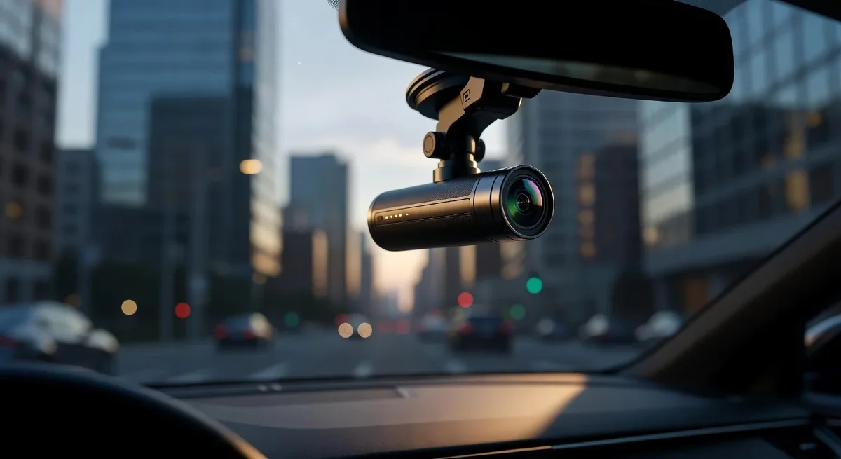 Dashcam moderne installée dans une voiture, capturant une scène urbaine avec des bâtiments en arrière-plan