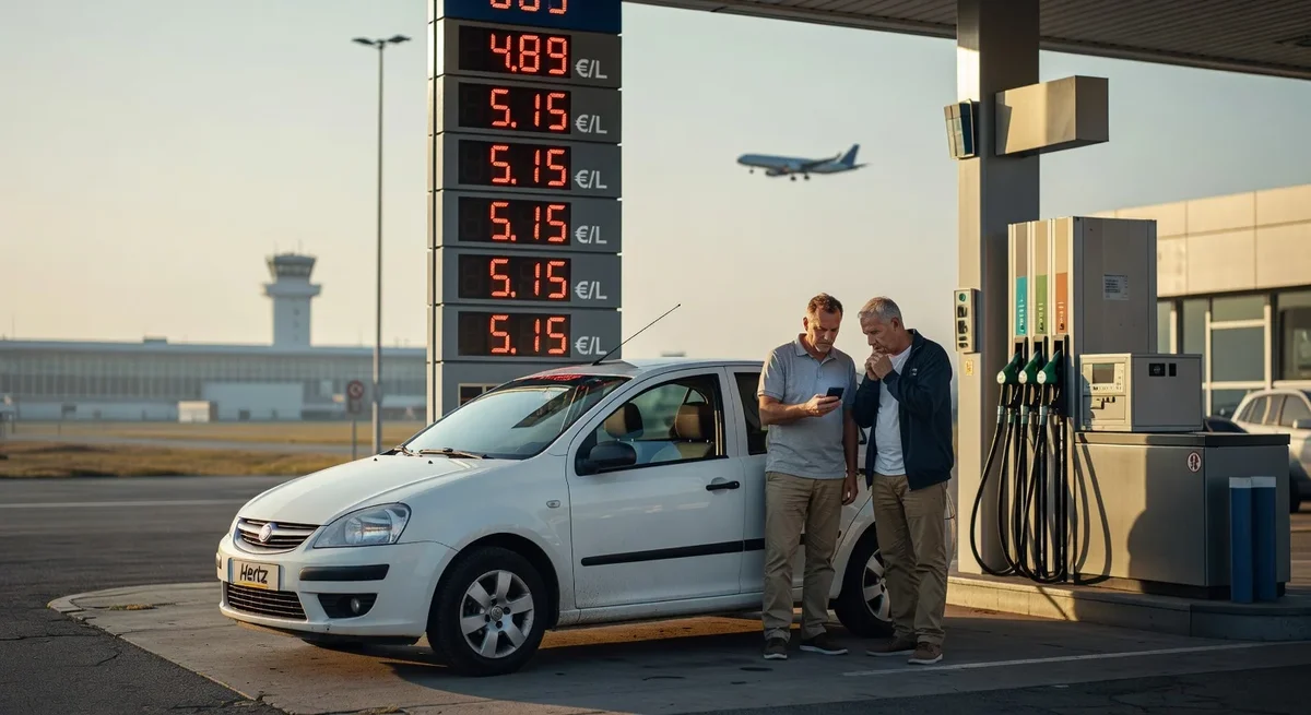 Station-service près d'un aéroport avec des prix élevés et des locataires de voiture en discussion