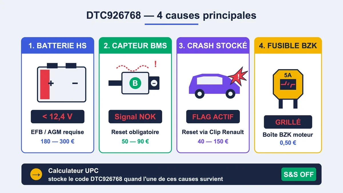 Schéma illustrant les causes du défaut DTC926768 avec des pictogrammes pour chaque problème identifié