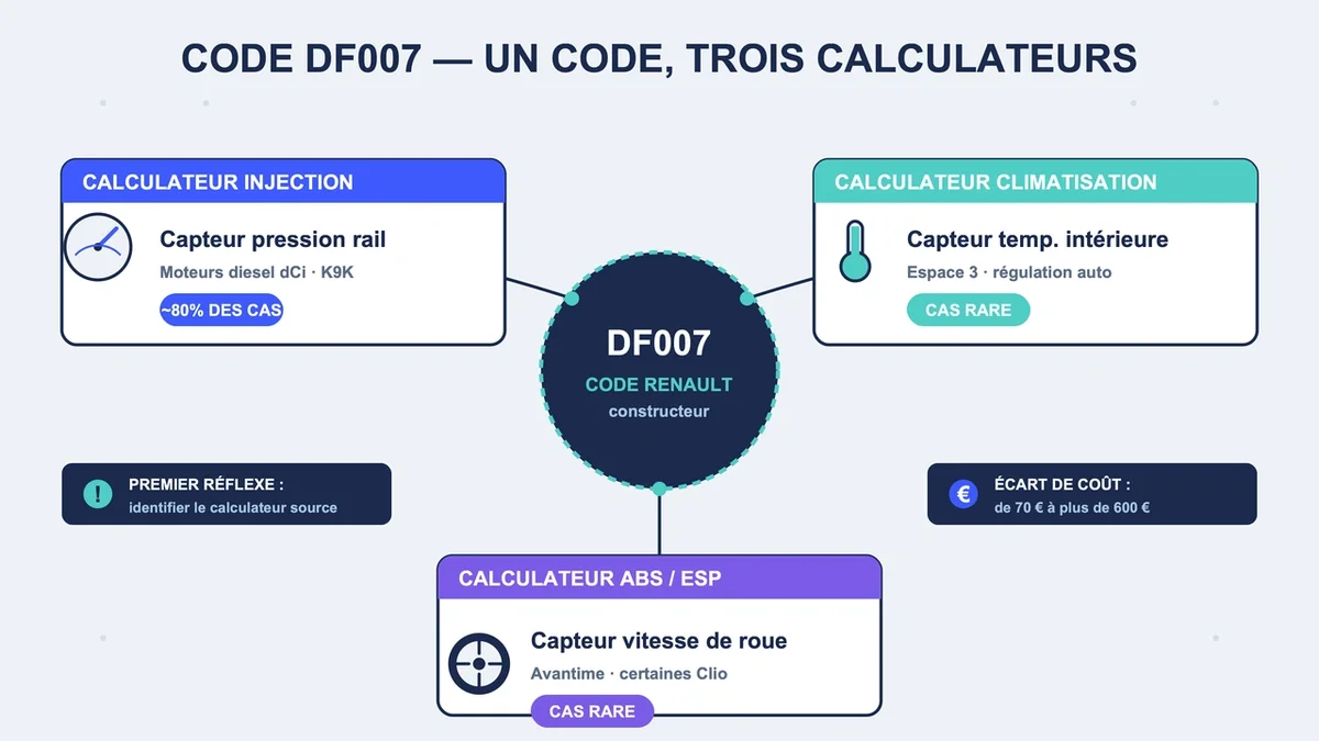 Diagramme des correspondances entre le code DF007 et les capteurs associés des véhicules Renault