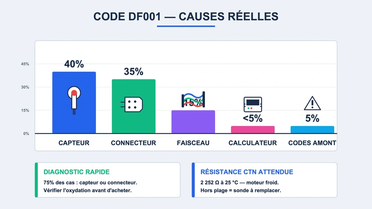 Infographie montrant les causes du code DF001 avec pourcentages et icônes descriptives des composants concernés