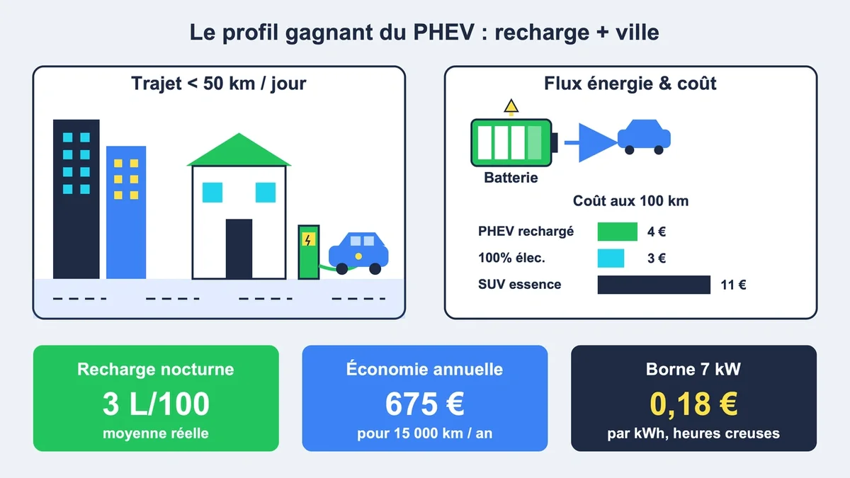 Conducteur de voiture hybride rechargeable en milieu urbain avec schéma de coût et flux de recharge
