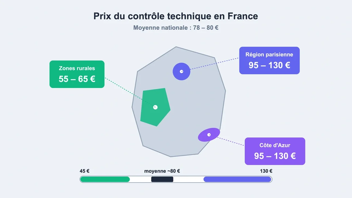 Schéma des prix du contrôle technique en France selon les régions avec moyennes et écarts