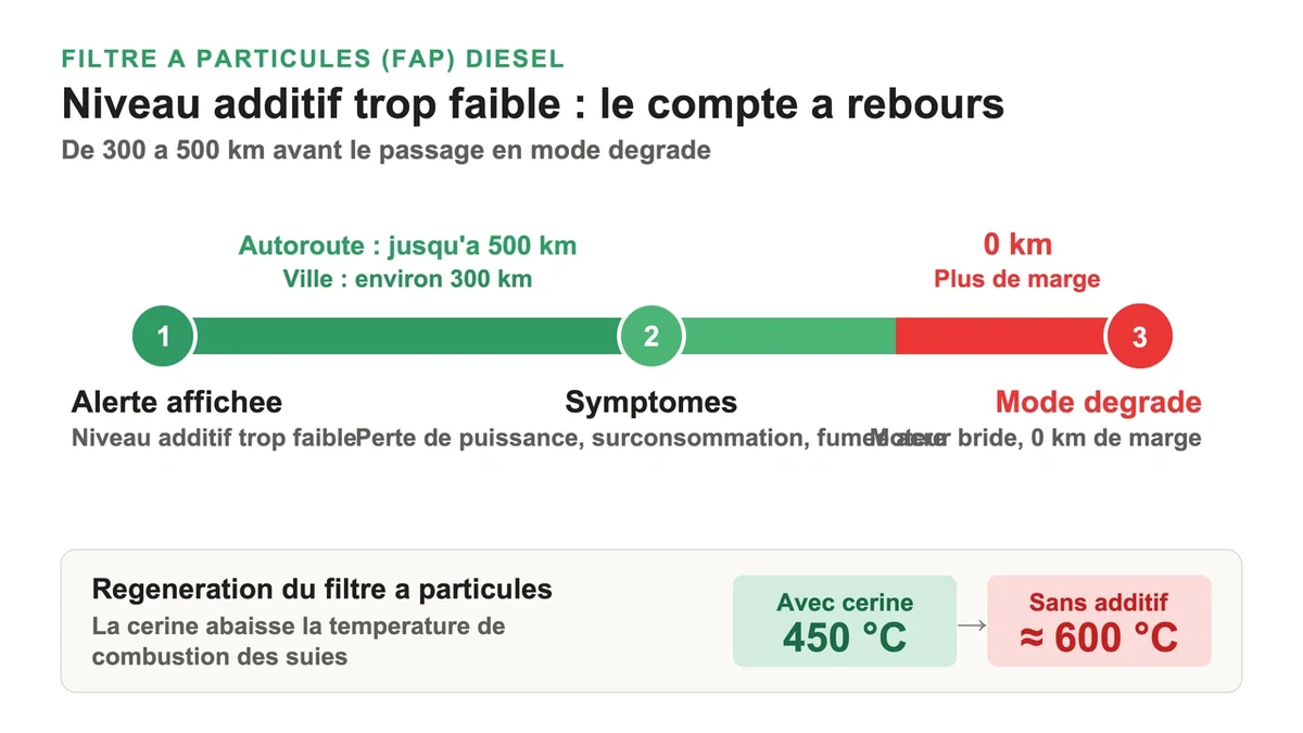 Avertissements sur le niveau additif FAP et distances avant passage en mode dégradé du filtre à particules