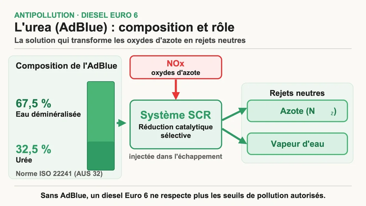 Flacon d'AdBlue avec étiquettes indiquant sa composition et son utilisation dans les véhicules modernes