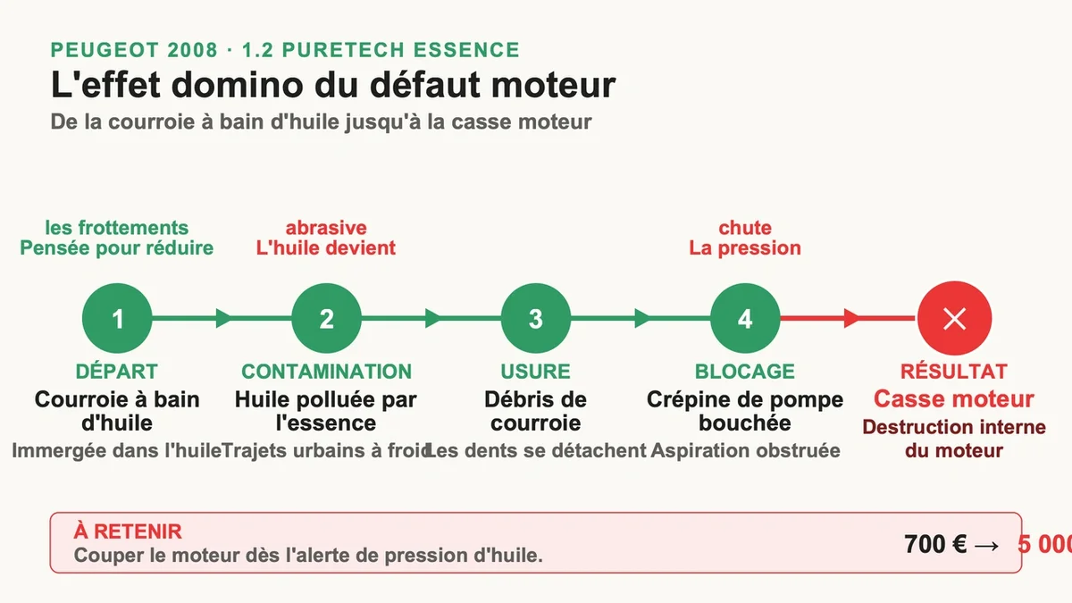 Schéma montrant le système de courroie de distribution et la contamination de l'huile dans un moteur 1.2 PureTech