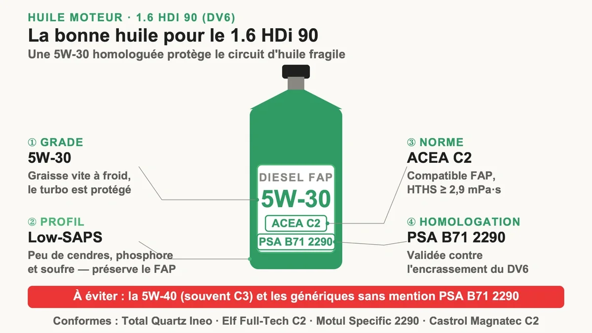 Flacons d'huile 5W-30 avec étiquettes indiquant les normes PSA B71 2290 et ACEA C2