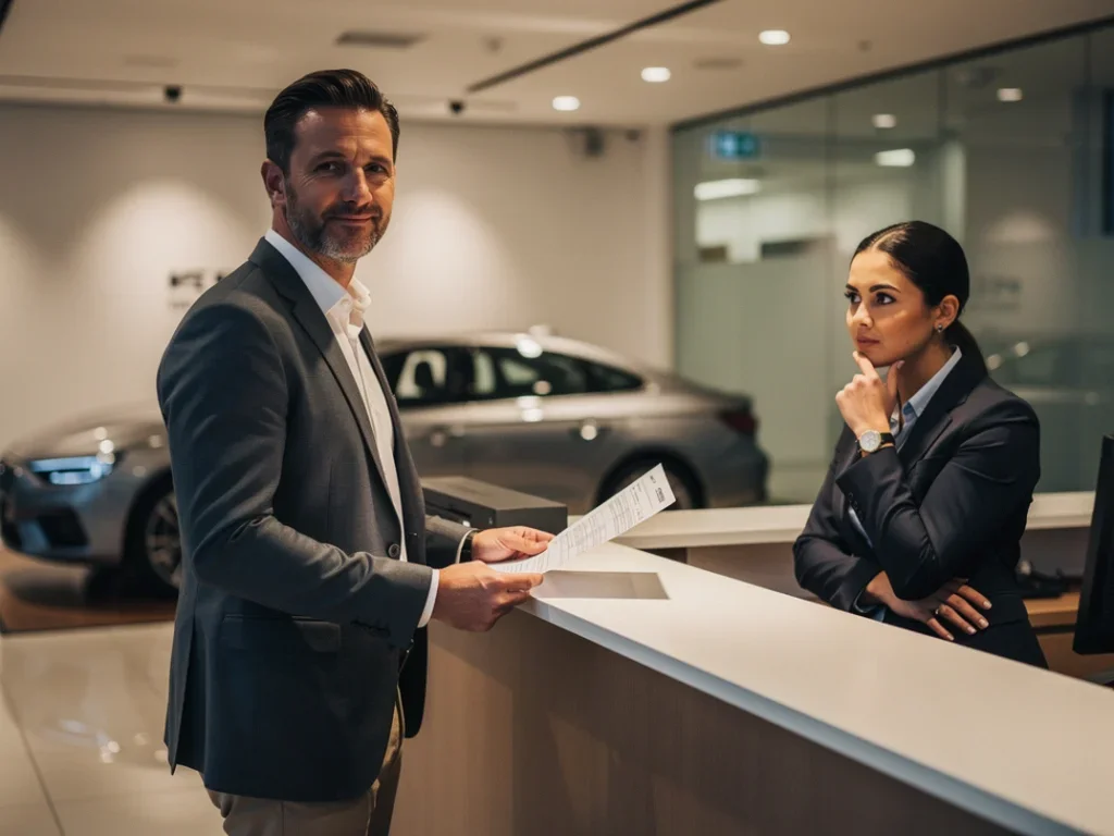 Client satisfait tenant son bon de commande près du bureau d'un concessionnaire automobile avec une voiture en arrièr...