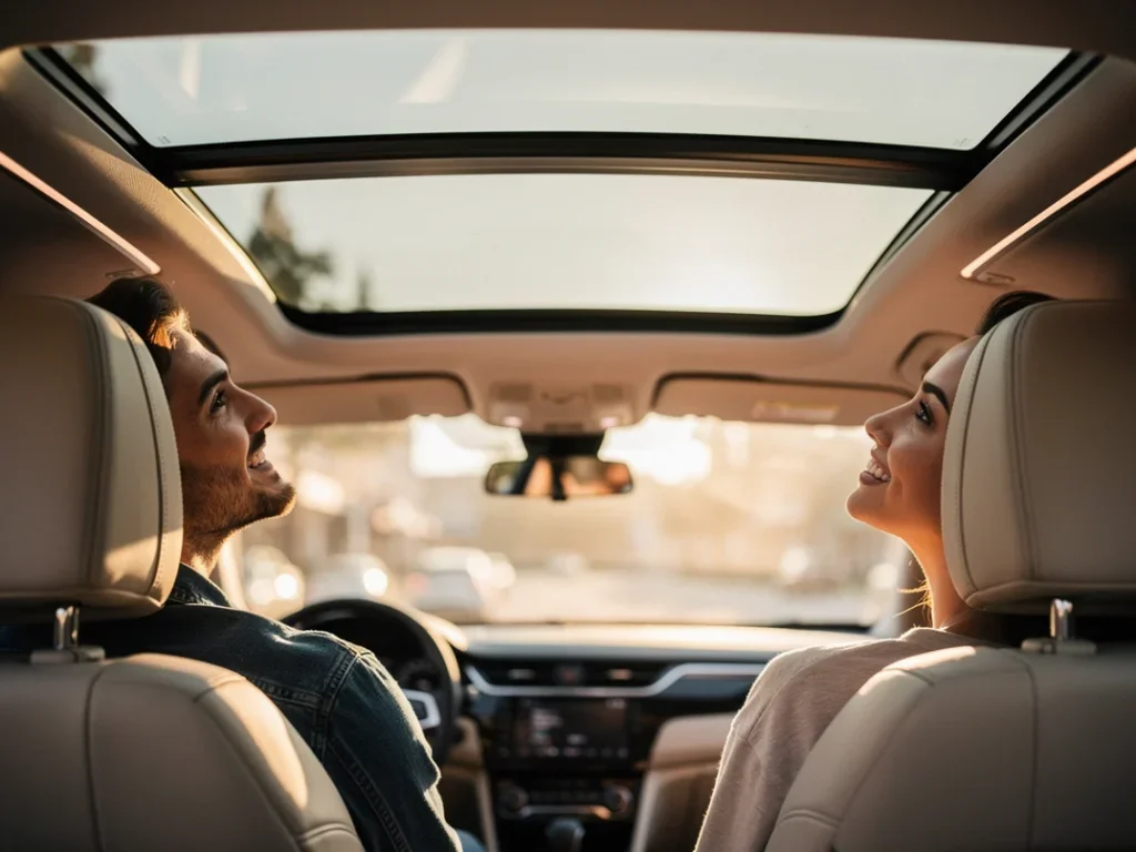 Intérieur d'une petite voiture avec un toit panoramique laissant entrer la lumière et des passagers détendus