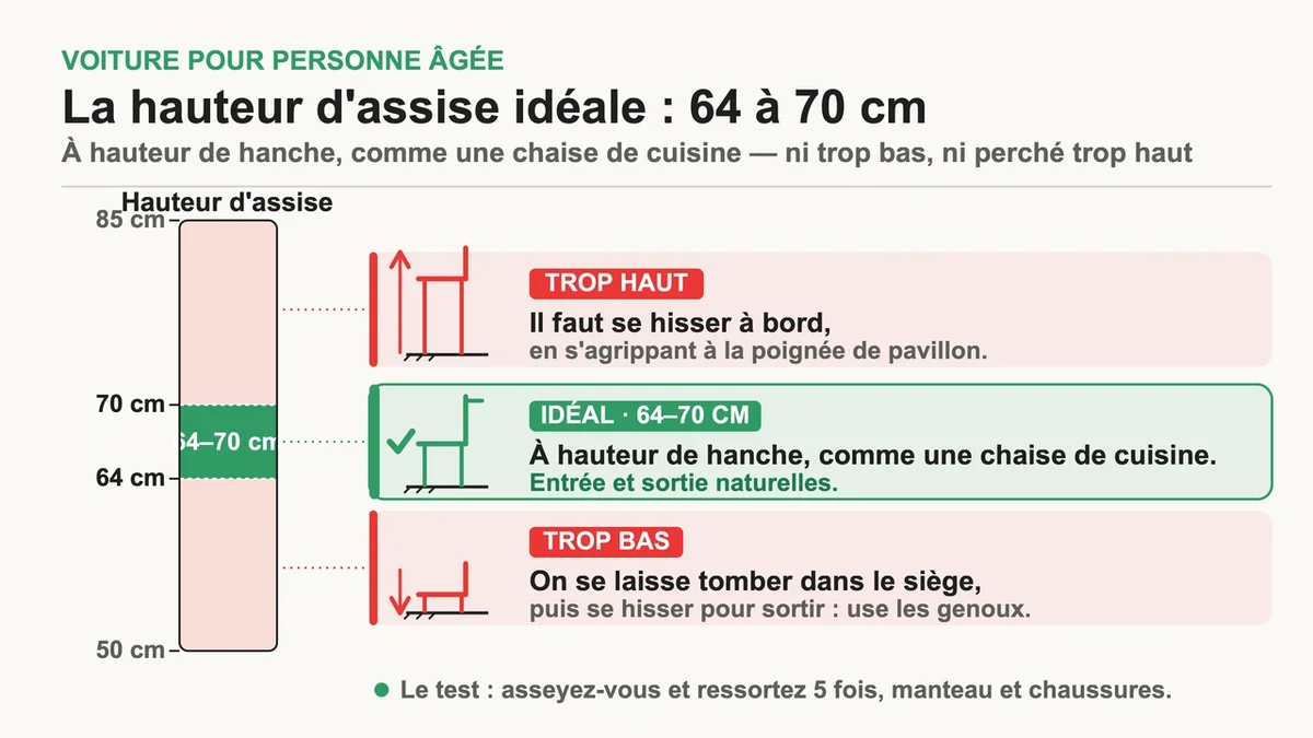Conducteur âgé montant et descendant d'une voiture illustrant la hauteur d'assise idéale