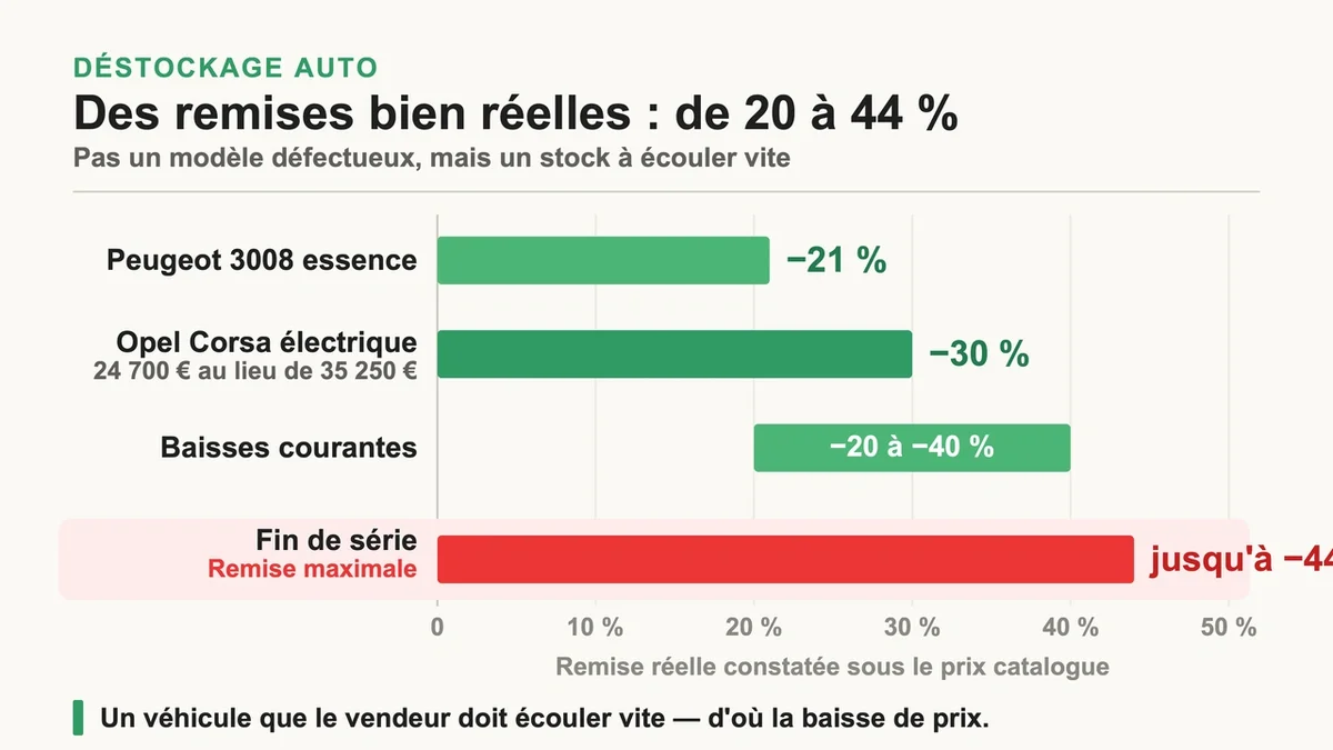 Graphique illustrant des voitures avec des étiquettes de remise de 20 à 44% pour le déstockage