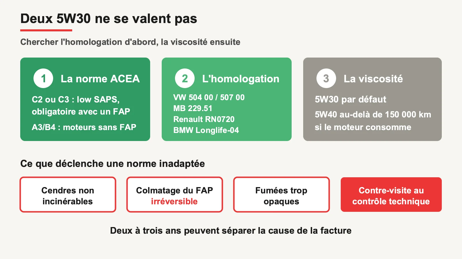 Méthode de choix d'une huile moteur par la norme ACEA puis l'homologation, et conséquences d'une erreur sur le filtre à particules